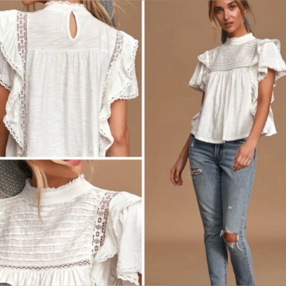 Free People Le Femme White Ruffle Sleeve Top XS